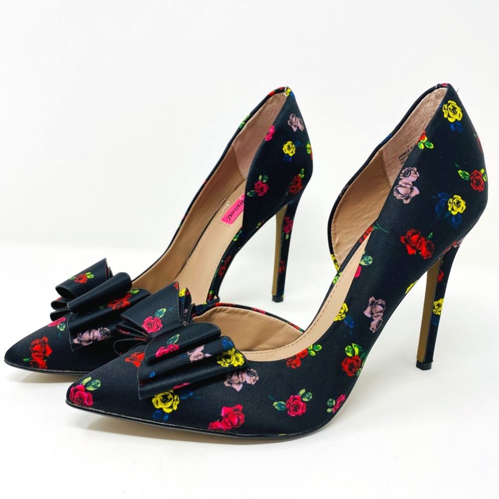 Betsey Johnson Womens Prince P Dorsay Stiletto Heel Pump Shoe Black Floral Bow 9